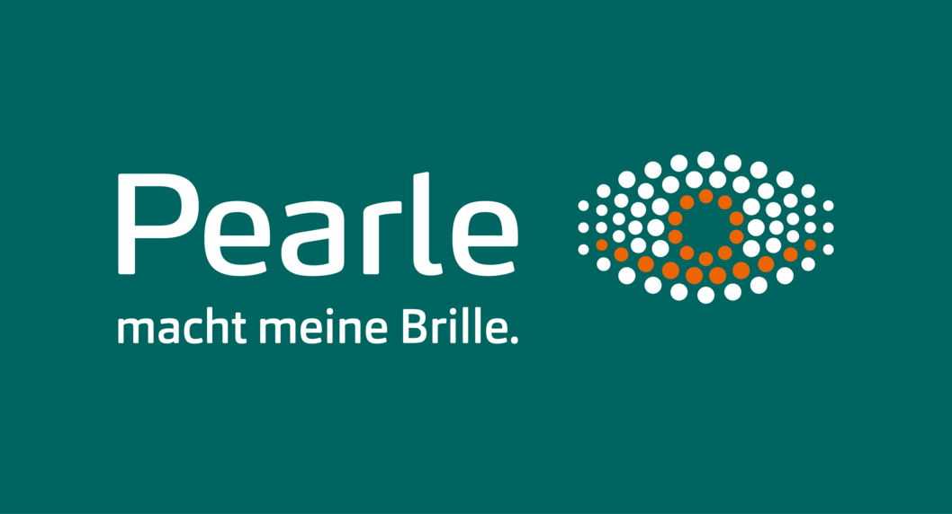 dunkelgrünes Logo mit weißem Schriftzug "Pearle macht meine Brille", rechts daneben eine Illustration von einem Auge in Stil Pointillismus