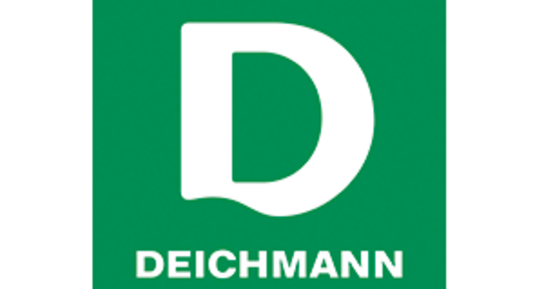 grünes Logo mit großem, weißen D in der Mitte, darunter weiße Schrift "Deichmann"