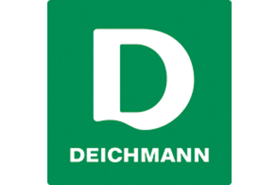 grünes Logo mit großem, weißen D in der Mitte, darunter weiße Schrift "Deichmann"