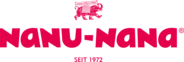 weißes Logo mit rotem Schriftzug "NANU-NANA seit 1972", darüber eine rote Illustration von einem Elefanten